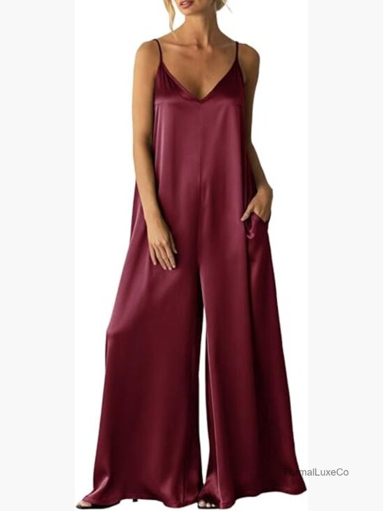 Pants - Satin Wide Leg Jumpsuit Spaghetti Strap Date Night Romper Flowy